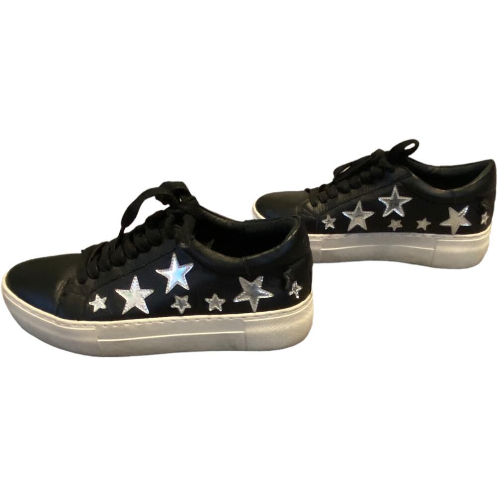 EUC J/Slides Platform Leather Sneaker Alabama Black White Silver Stars Size 3.5